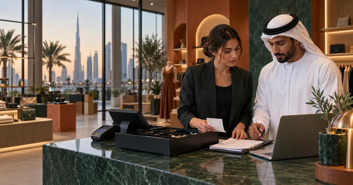 UAE retail manager and finance controller reconciling a cash drawer, card terminal and daily point-of-sale close.