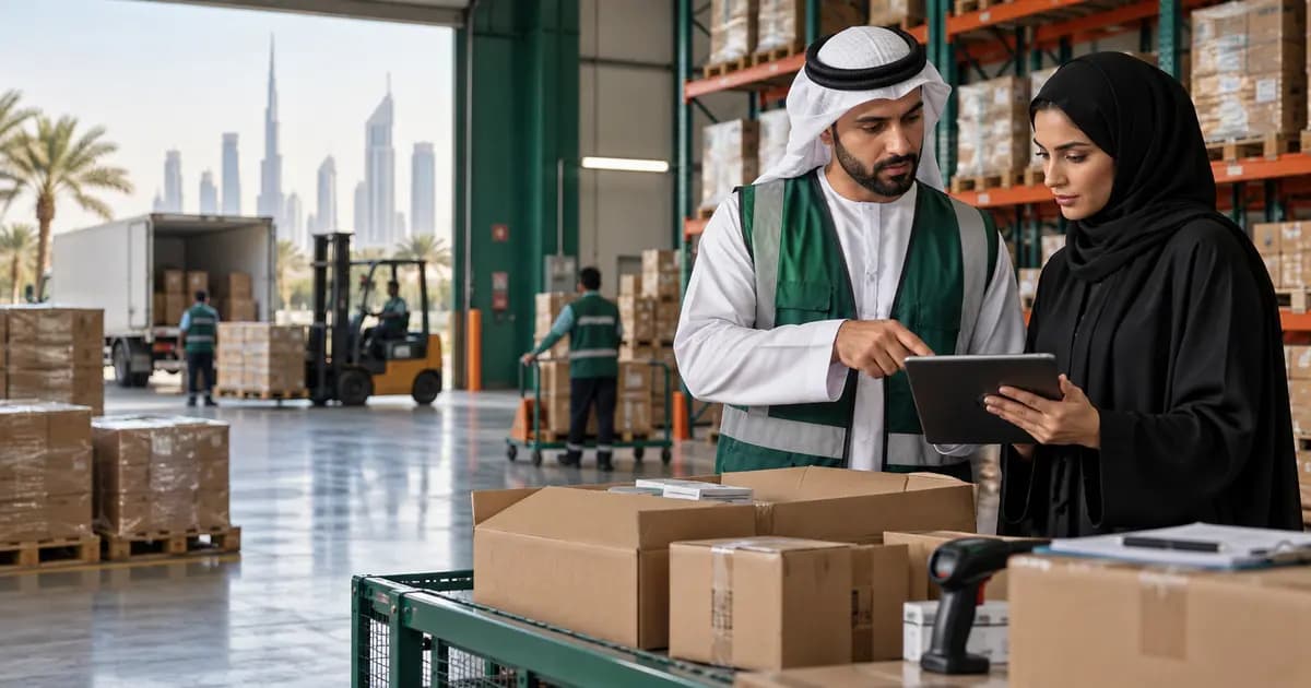 UAE warehouse supervisor and finance controller reviewing returned goods, barcode evidence and credit-note status.