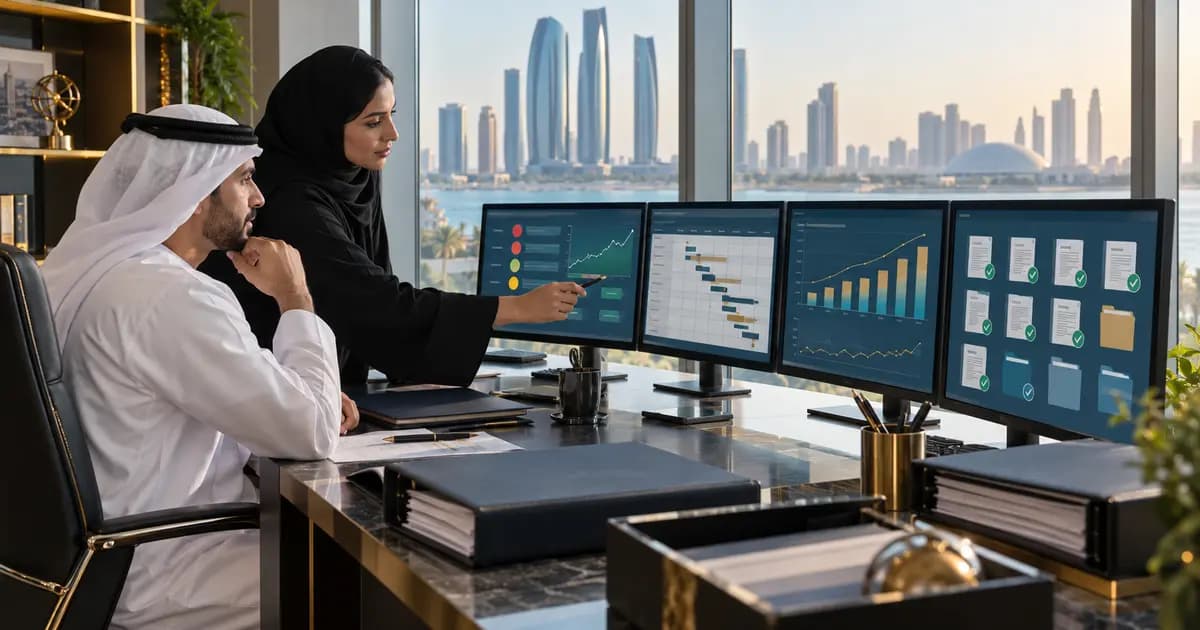 UAE CFO and treasury manager reviewing a bank-covenant dashboard, forecast headroom and evidence files.
