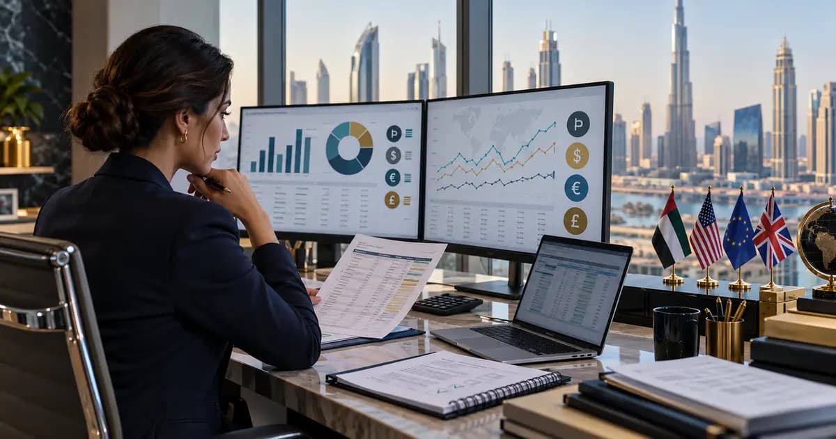 UAE finance controller reviewing a multi-currency revaluation dashboard and month-end exchange-rate evidence.