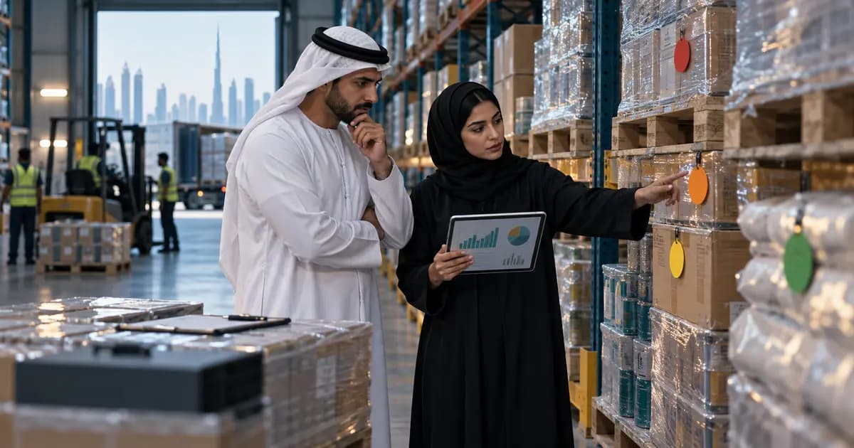 UAE distributor finance manager and warehouse supervisor reviewing slow-moving inventory and condition markers.