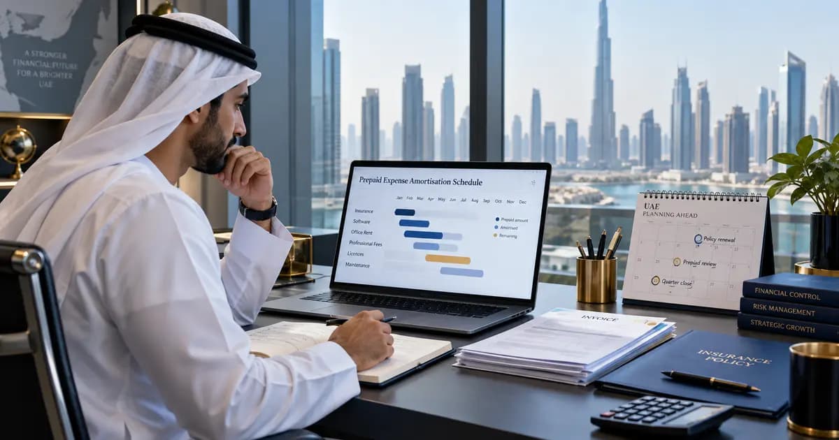 UAE finance controller reviewing a prepaid-expense amortisation timeline with insurance, subscription and renewal evidence.