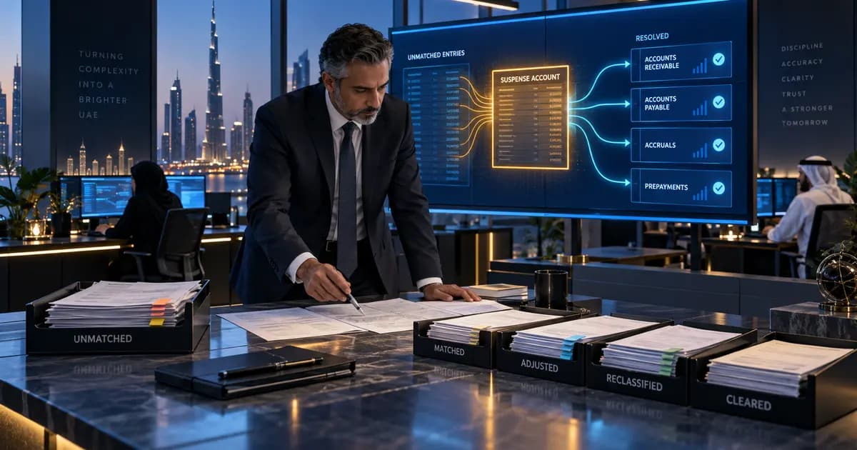 UAE finance controller tracing unmatched suspense-account entries into evidenced receivable, payable, accrual and prepayment classifications.