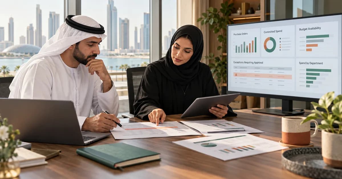 UAE procurement and finance team reviewing purchase commitments against approved budget