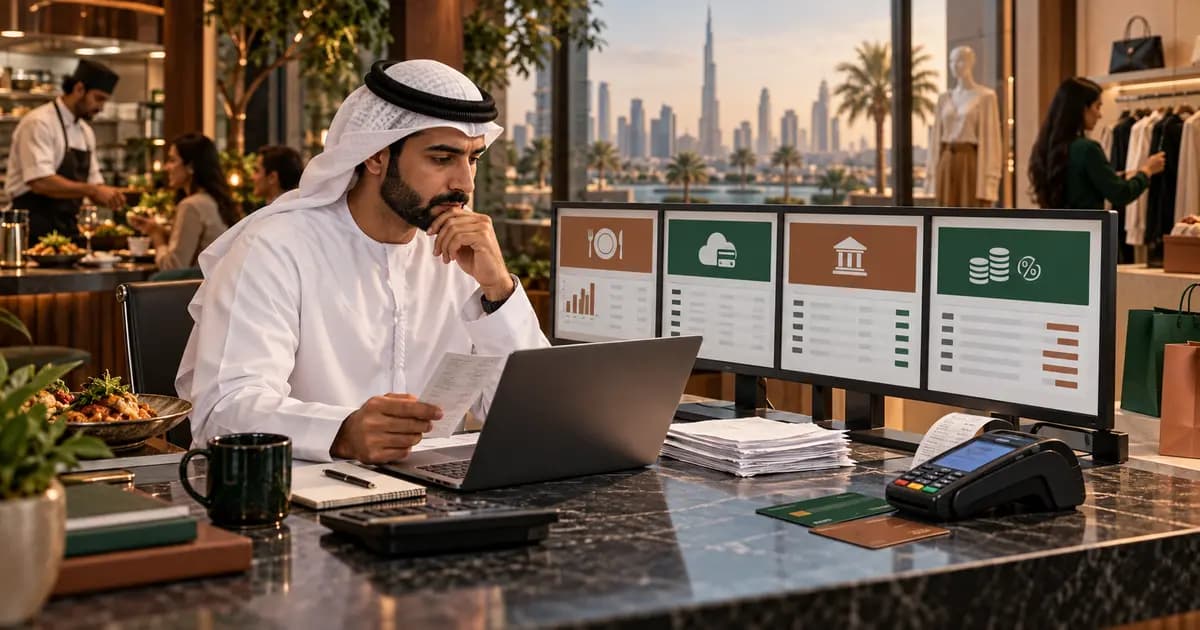 UAE retail finance analyst reconciling POS card sales, gateway batches, merchant fees and bank settlements