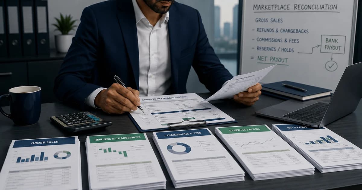 A marketplace settlement statement being reconciled to orders, fees, refunds and bank receipts.