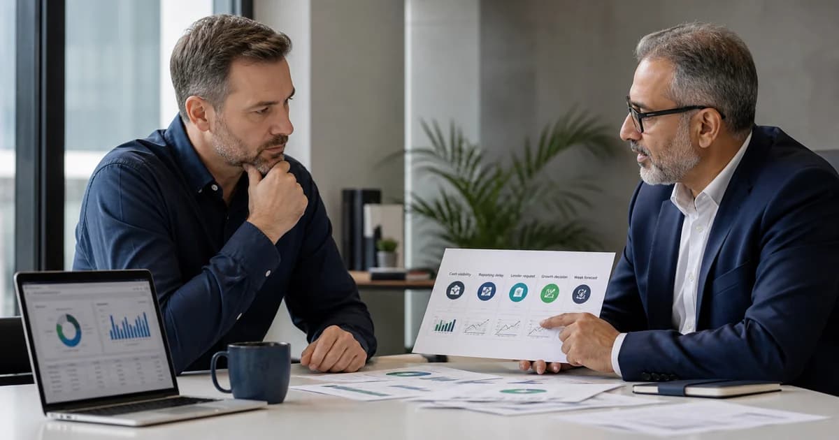 An owner-manager reviewing cash, reporting, funding, growth and forecasting signals with a finance adviser.
