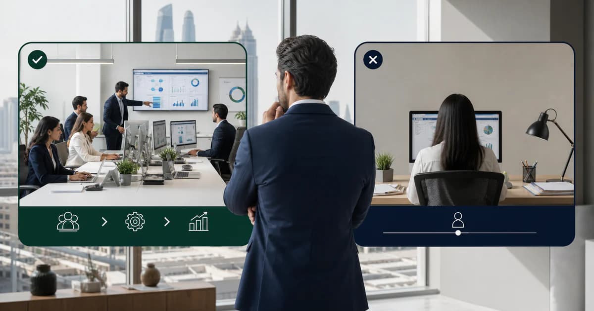A UAE business owner comparing outsourced accounting support with one in-house accountant.