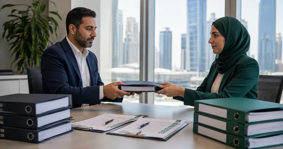 Two UAE finance professionals completing a controlled accounting-records and access handover.