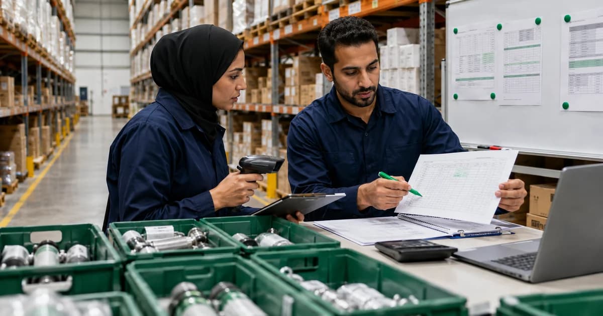 An inventory controller and accountant comparing counted stock with warehouse and accounting records.