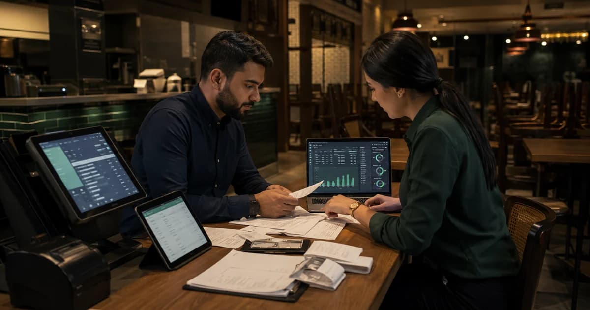 A restaurant manager and accountant reconciling point-of-sale, delivery, card and cash records.