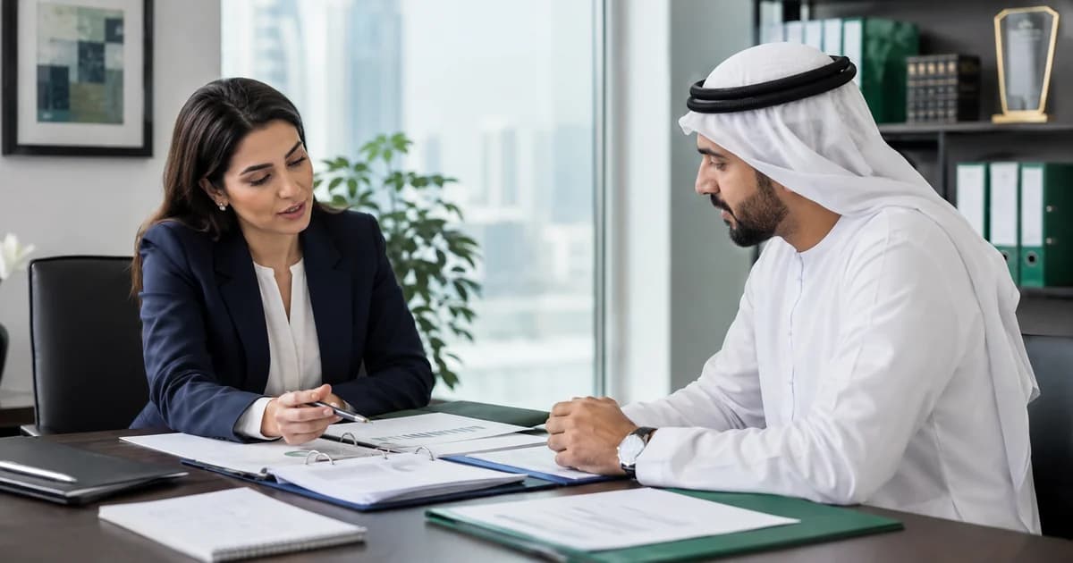 A self-employed UAE business owner reviewing activity and revenue evidence with a tax adviser.