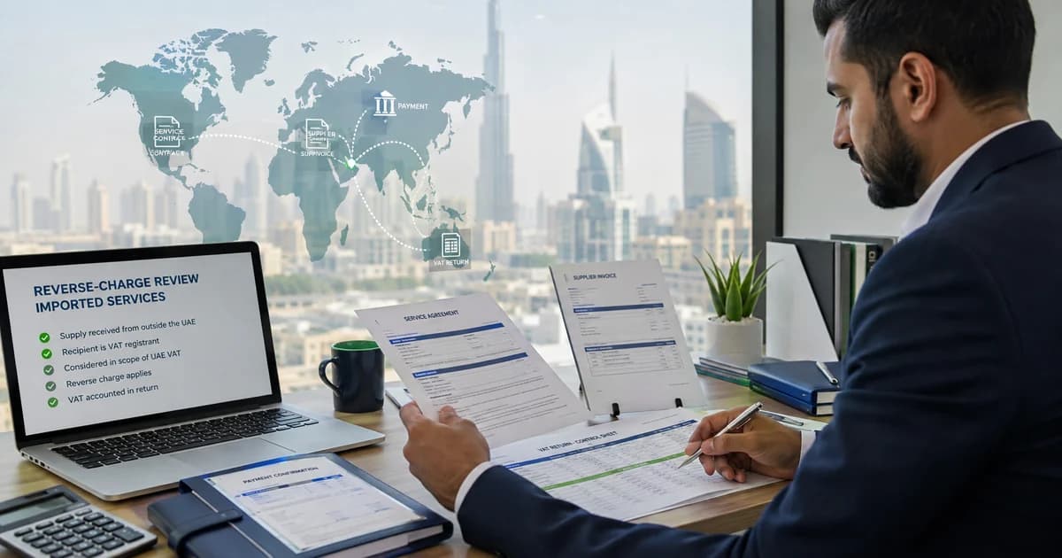 A tax accountant matching an overseas service contract, invoice, payment and VAT control records.