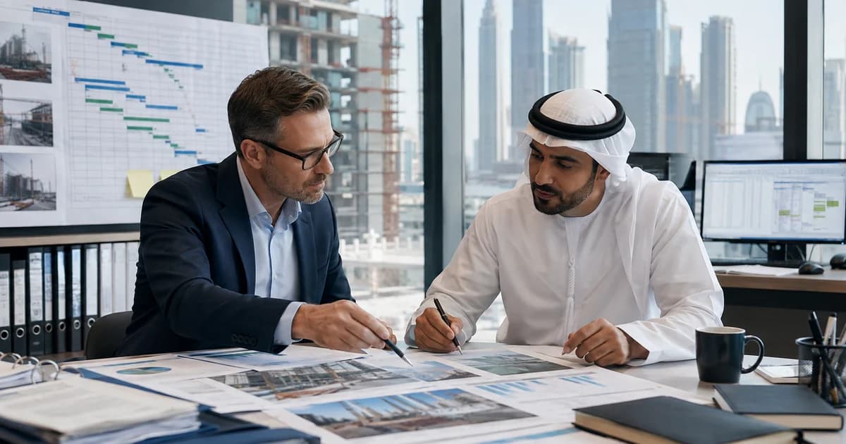 A project manager and finance controller comparing costs, completion evidence and billing milestones.