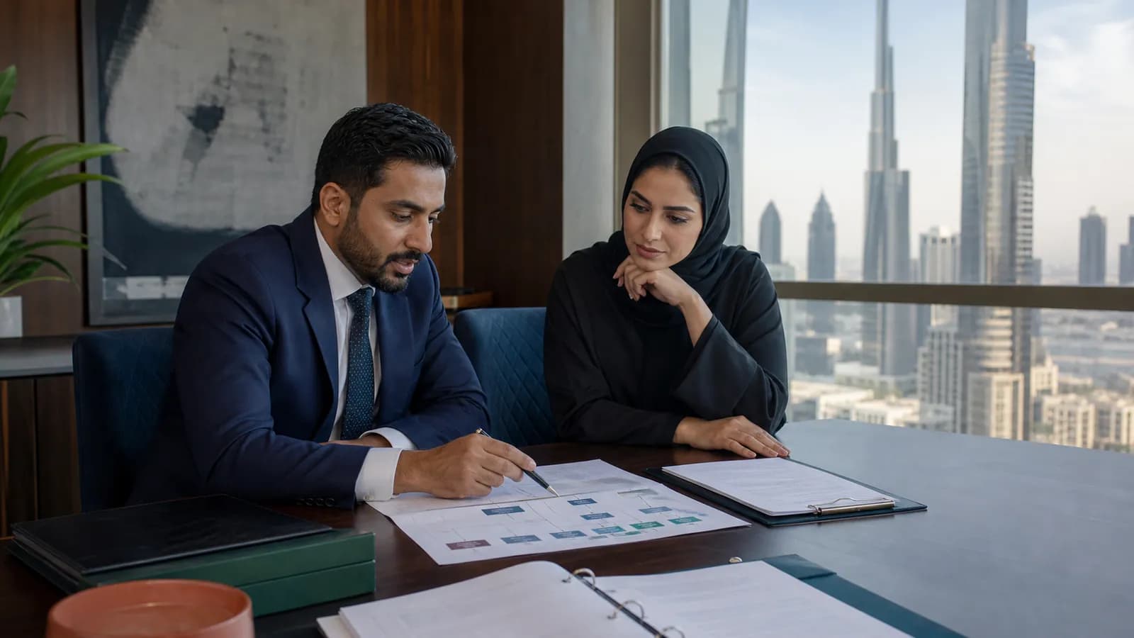 A governance adviser and business owner reviewing ownership records and change controls.
