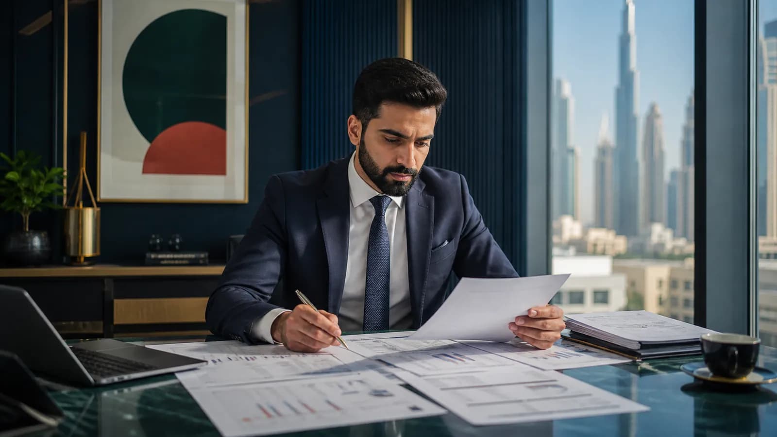 A tax specialist reviewing a taxable-income bridge and Corporate Tax return schedules.