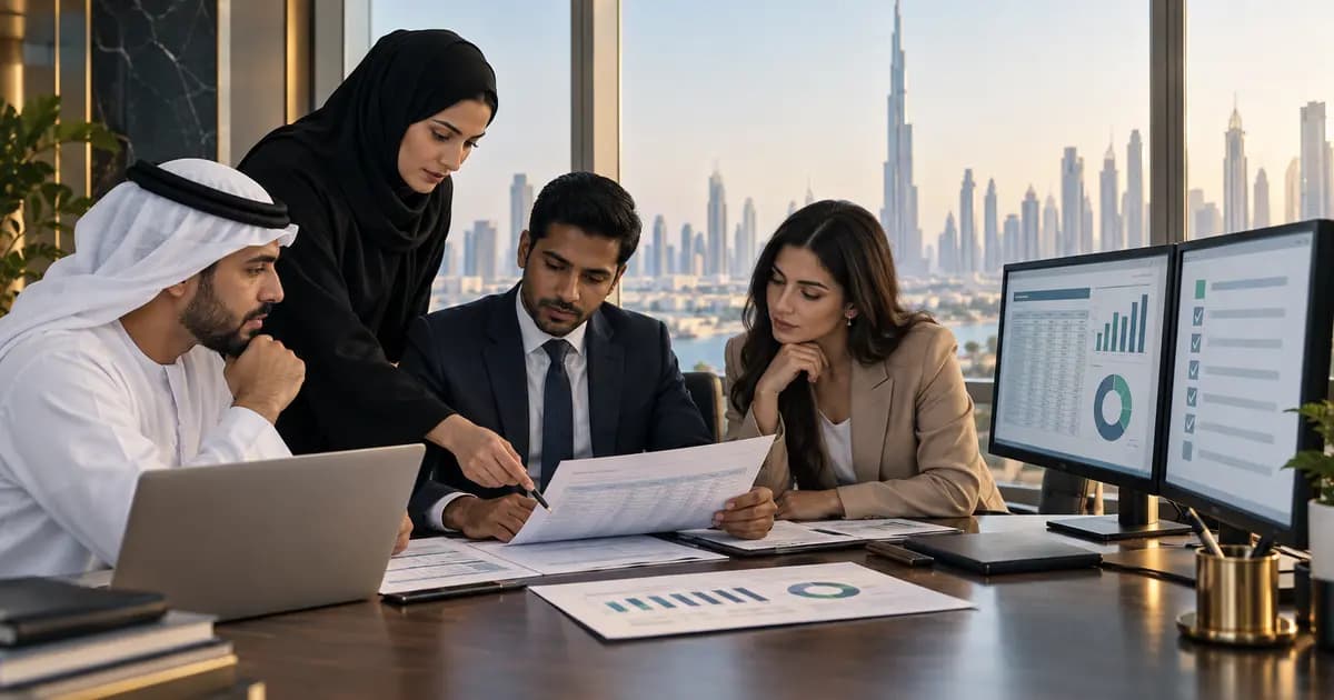 UAE finance team reconciling an approved payroll register, ledger dashboard and payroll variance checklist.
