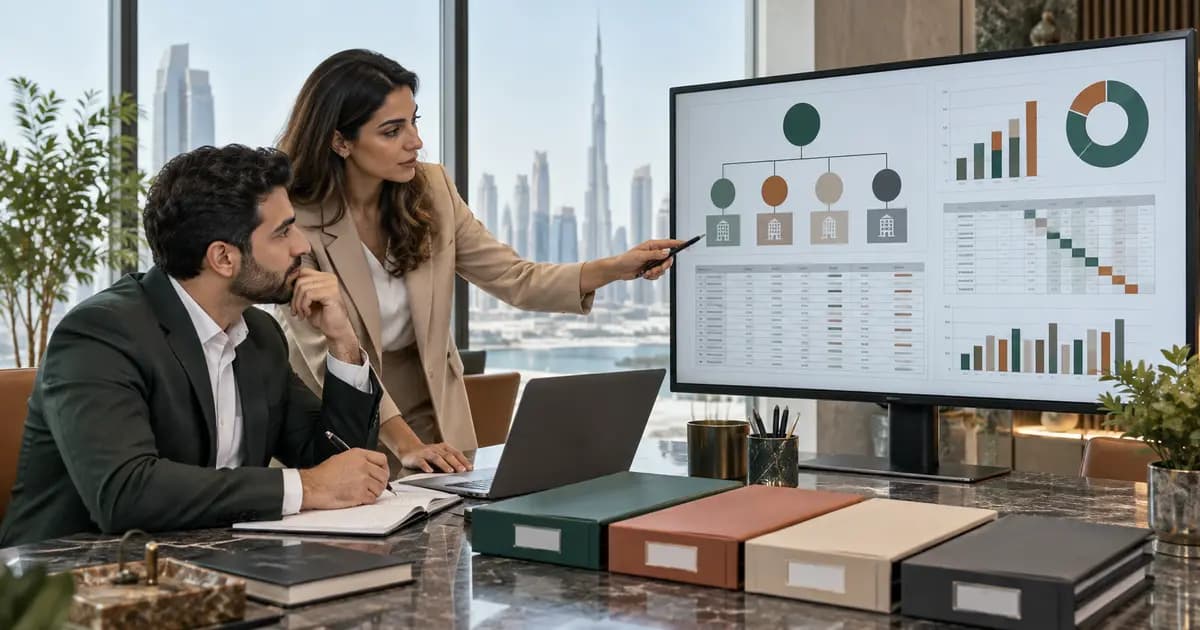 UAE group finance leaders reviewing shared-service allocations across connected business entities.