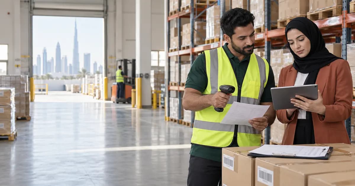UAE warehouse manager and finance controller reviewing a cycle-count variance on labelled inventory racks.