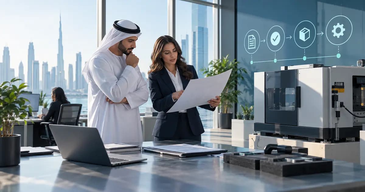 UAE finance controller and operations manager reviewing a capital-expenditure approval pack beside newly commissioned equipment.
