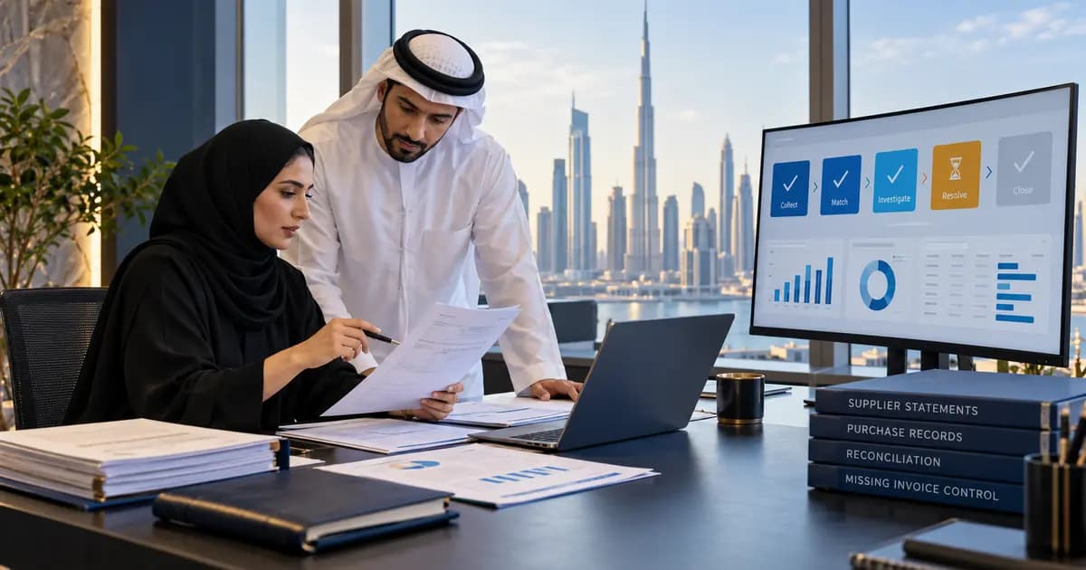 UAE accounts-payable and procurement team comparing a supplier statement with invoices, purchase records and reconciliation exceptions.