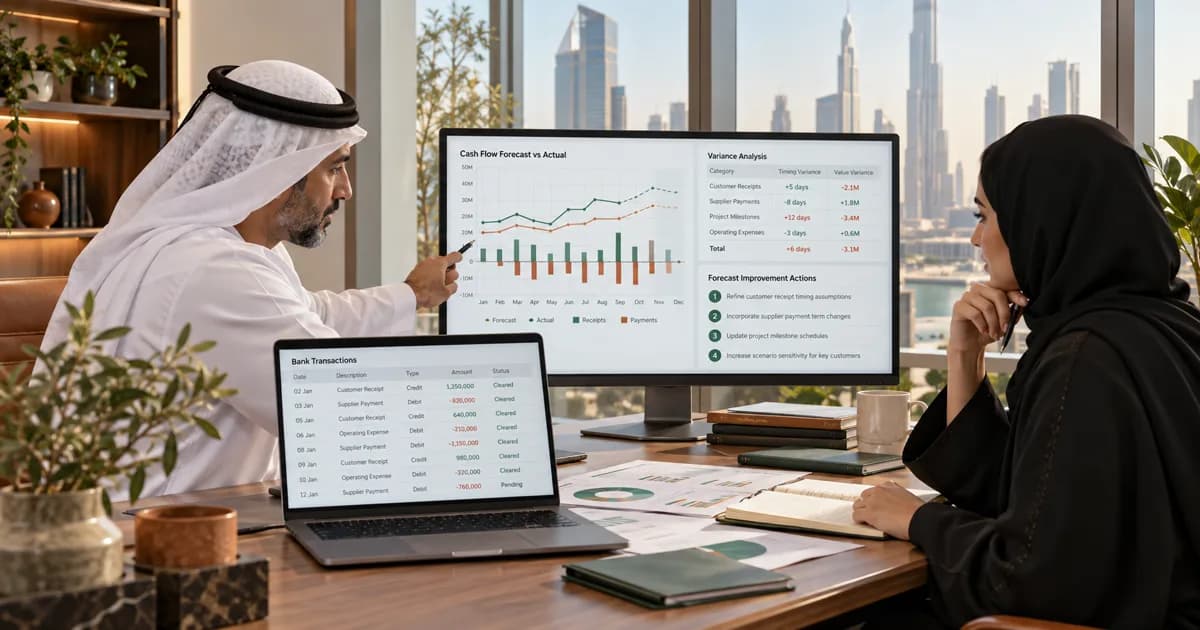 UAE finance leaders analysing actual cash movements against a rolling cash-flow forecast