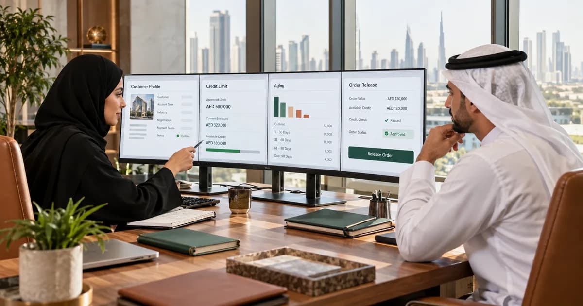 UAE finance team reviewing customer credit exposure, overdue balances and an order-release decision