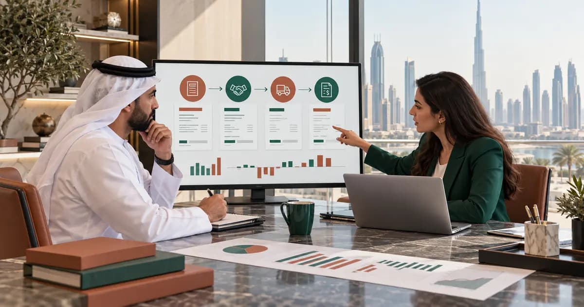 UAE finance team reviewing an accrual schedule with service periods, evidence, ageing and reversal dates