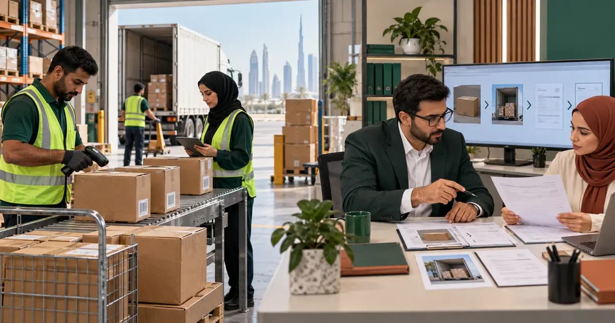 UAE warehouse and finance teams matching returned goods, dispatch evidence, debit notes and supplier credits