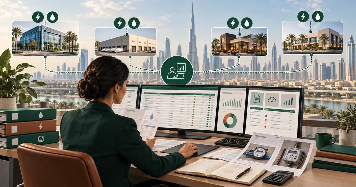 UAE multi-site finance manager reconciling utility accounts, meters, deposits, bills and location exceptions