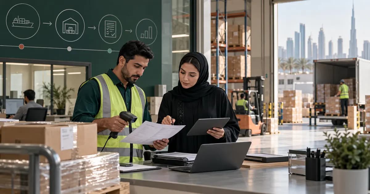 UAE warehouse and finance leaders matching imported shipments, transport evidence, goods receipts and period cut-off
