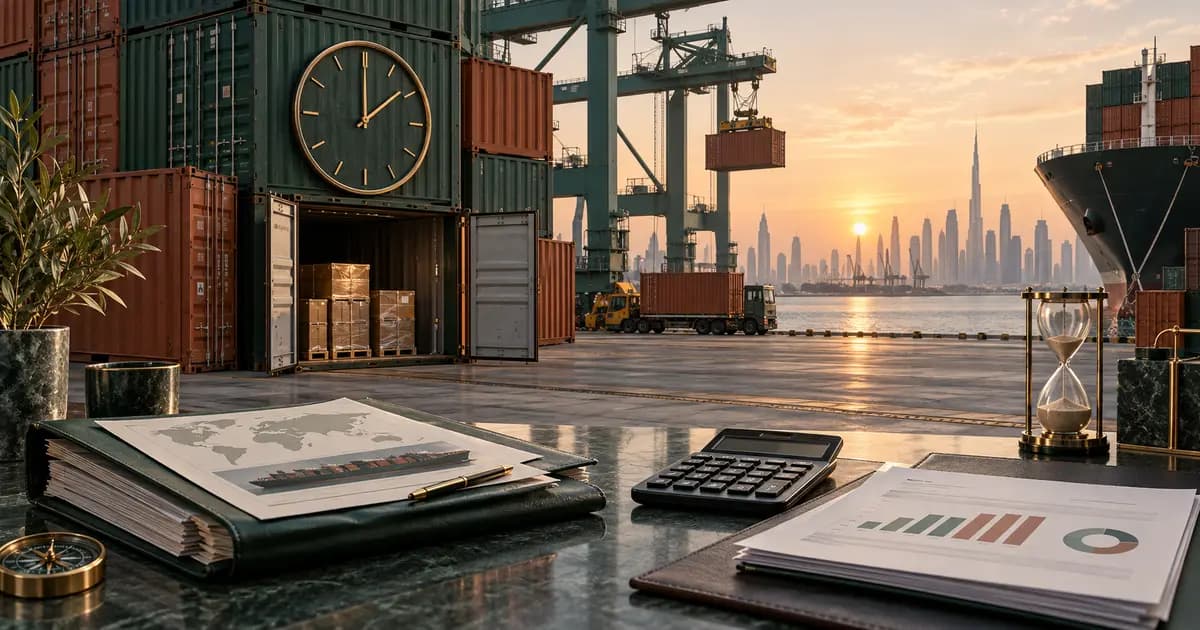 UAE container terminal at sunrise with shipment records, calculator, clock and cost-control reports for demurrage reconciliation