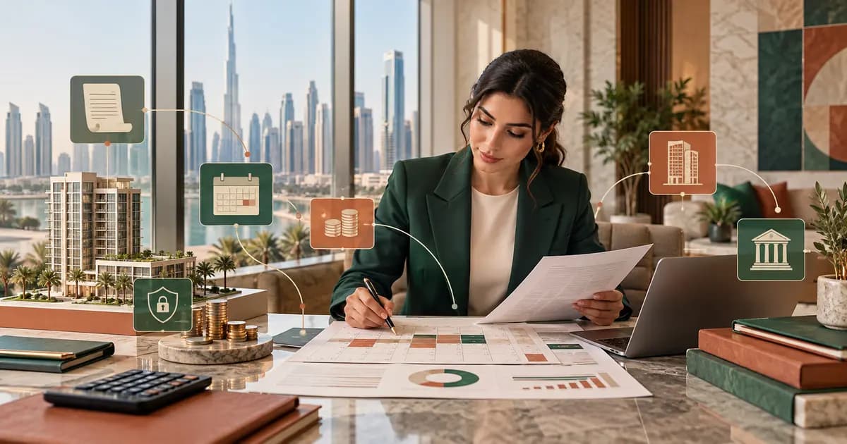 UAE finance manager reviewing commercial lease dates, rent, service charges, security deposits and landlord payments