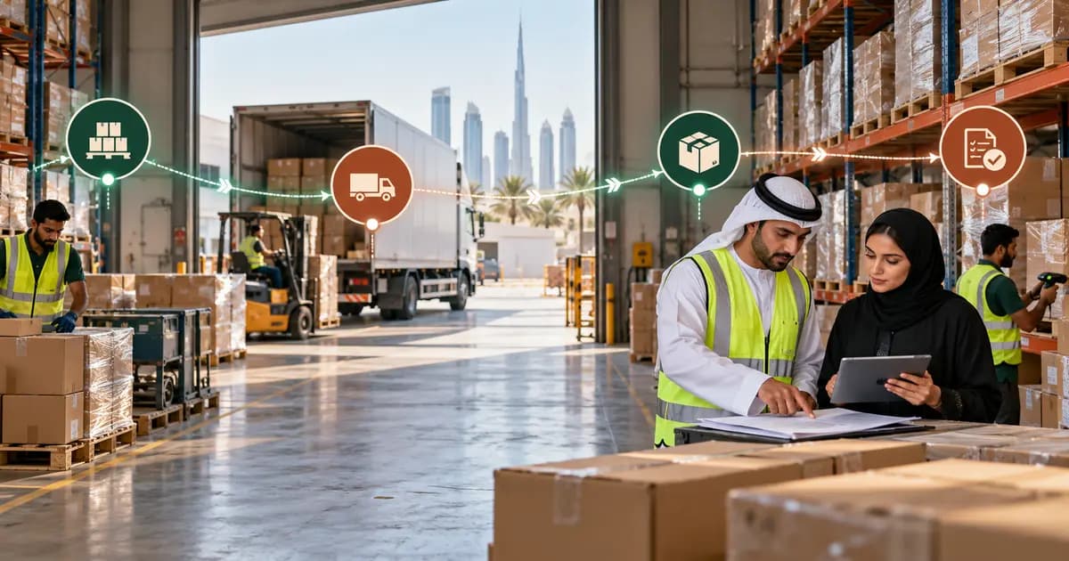 UAE warehouse and finance teams tracing inventory transfers from dispatch through goods in transit to destination receipt