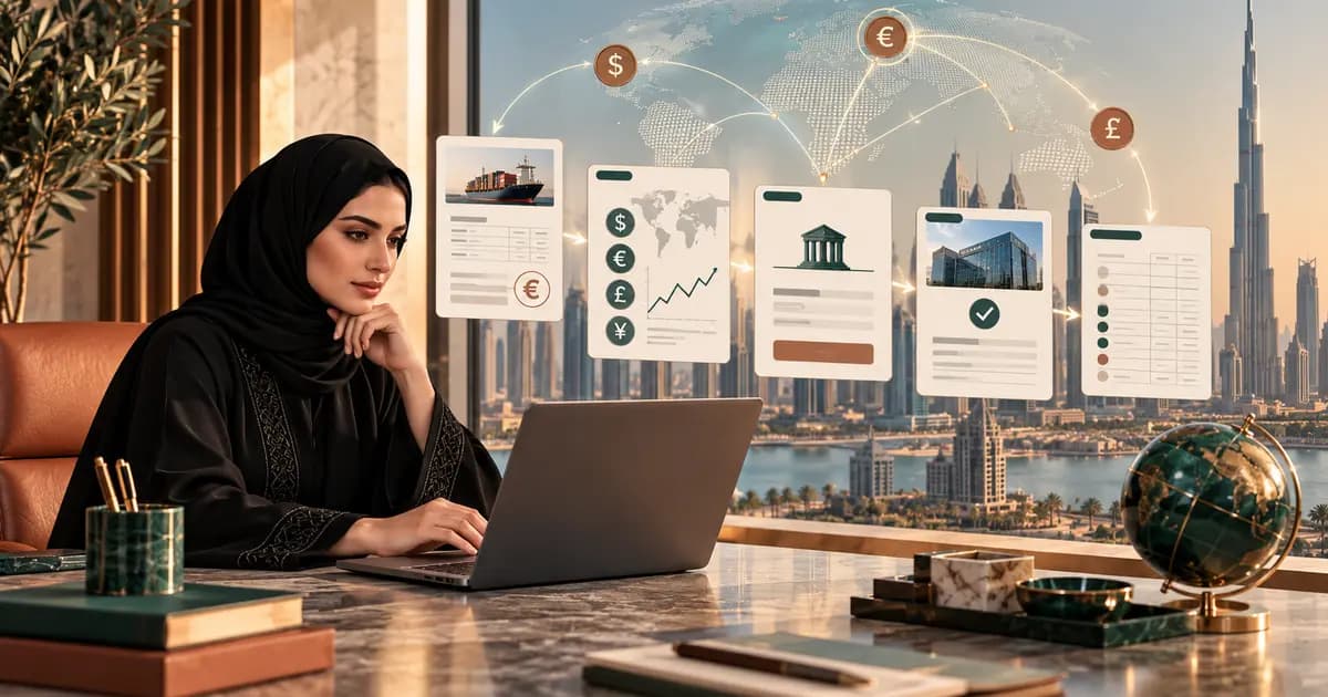 UAE finance team reconciling a foreign-currency supplier invoice, exchange rate, bank fees and remittance