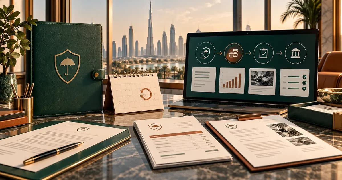 UAE finance workspace connecting an insurance policy, renewal calendar, premium invoice, claim record and bank settlement.