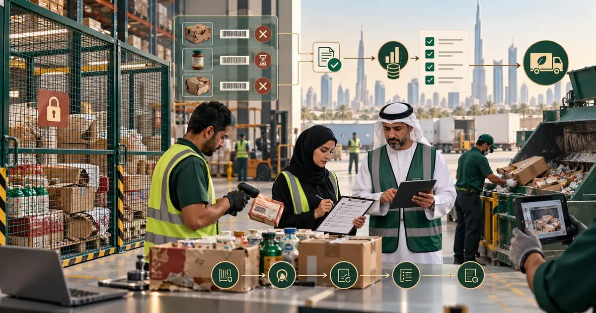 UAE warehouse team inspecting damaged and expired inventory in a restricted quarantine area before approved disposal.
