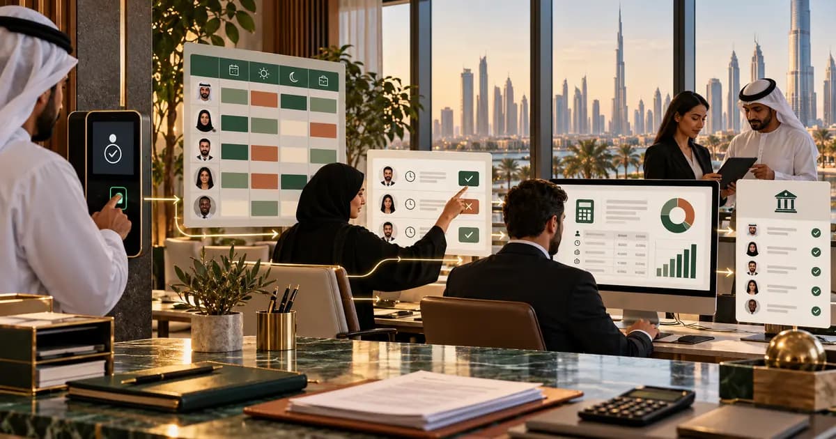 UAE payroll team reviewing attendance, shift rosters, overtime approvals and payroll control totals.