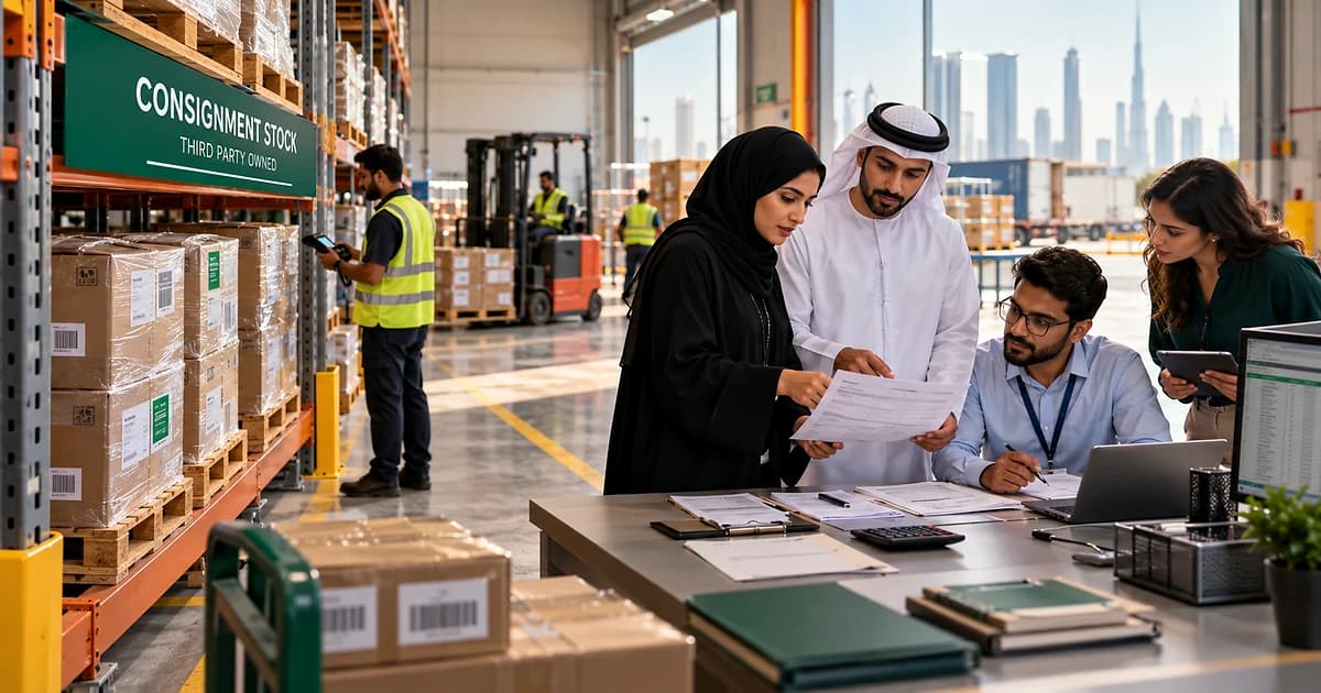 UAE finance and warehouse team verifying consignment inventory ownership, physical counts and settlement records.