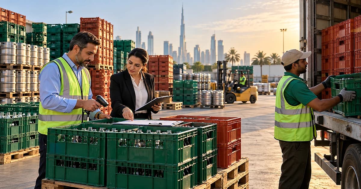 UAE logistics and finance team counting reusable crates and pallets while reconciling returnable-packaging deposits.