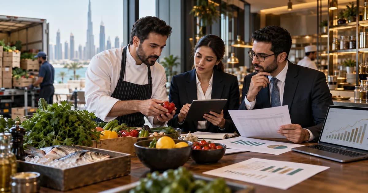 Restaurant chef, buyer and finance analyst reviewing supplier price and ingredient cost variances