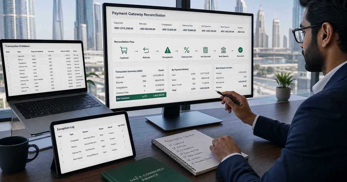 A finance professional reconciling payment-gateway receipts, refunds, fees and chargebacks.