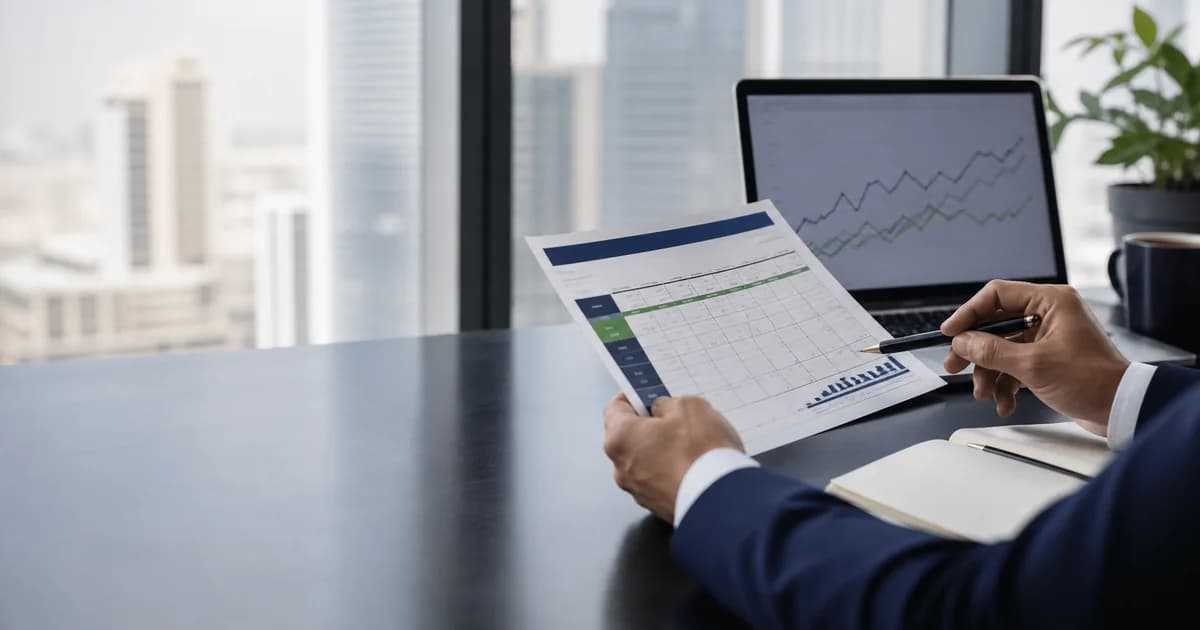 A finance professional reviewing a rolling 13-week cash-flow forecast and supporting records.