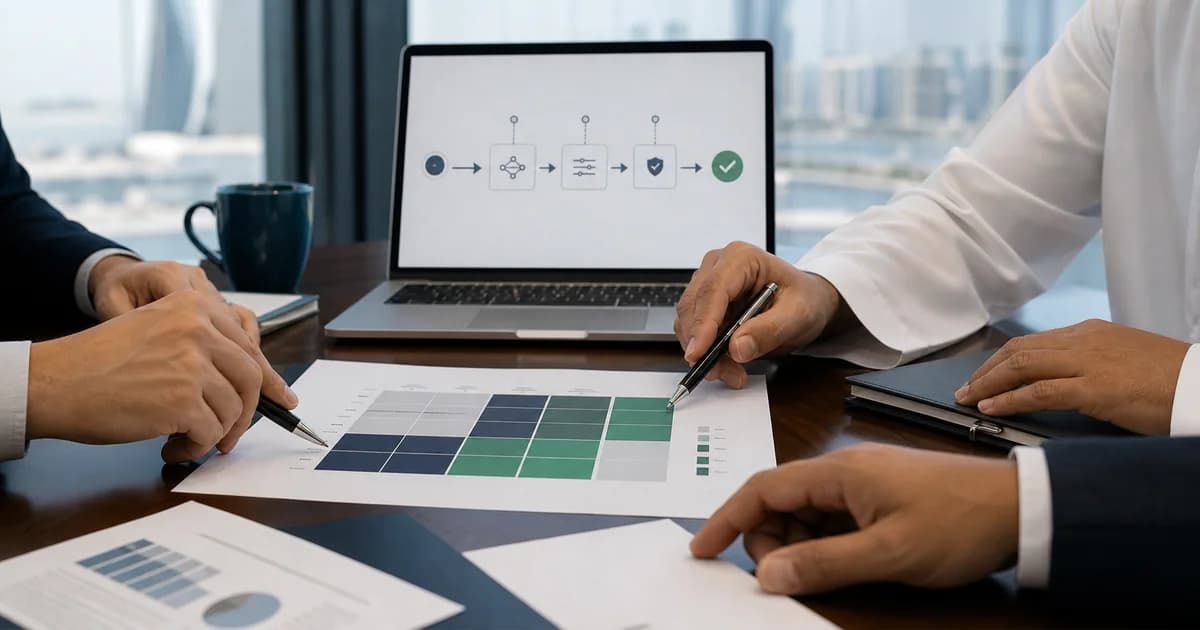 A cross-functional team reviewing an AI risk matrix and approval workflow.