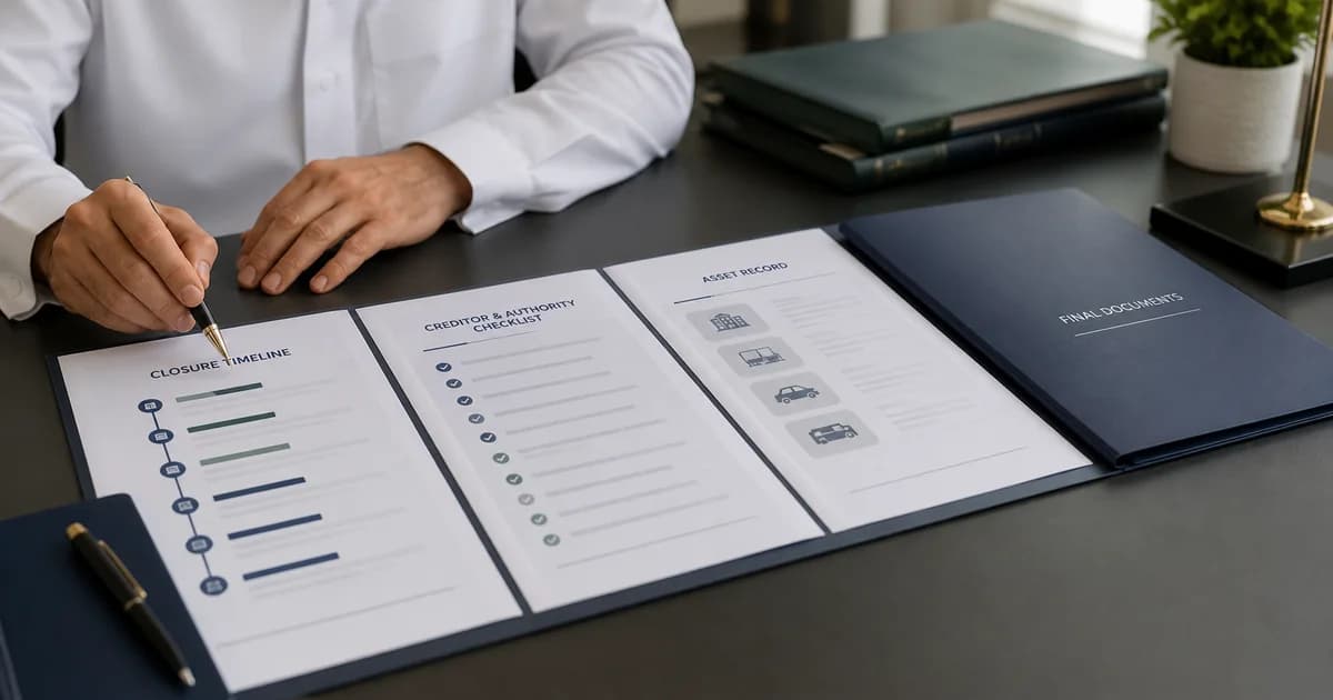 A company-closure timeline and final evidence file under orderly review.