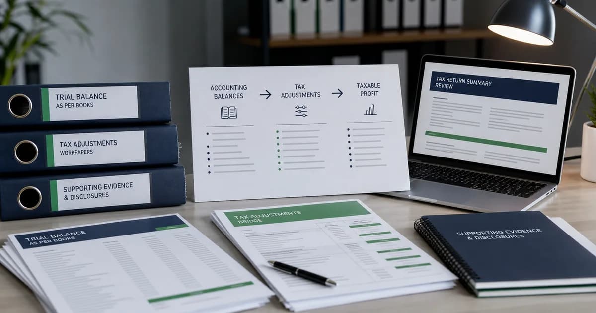 A trial balance, tax-adjustment bridge and return evidence being reconciled.