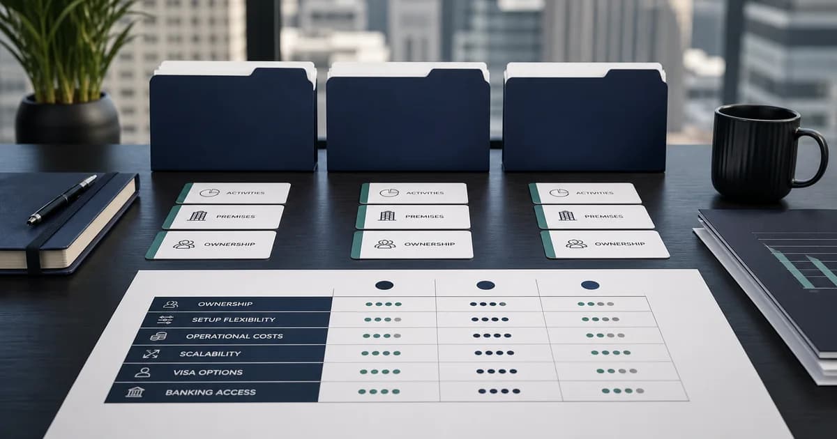 Three neutral UAE Free Zone options compared using activity and operating criteria.
