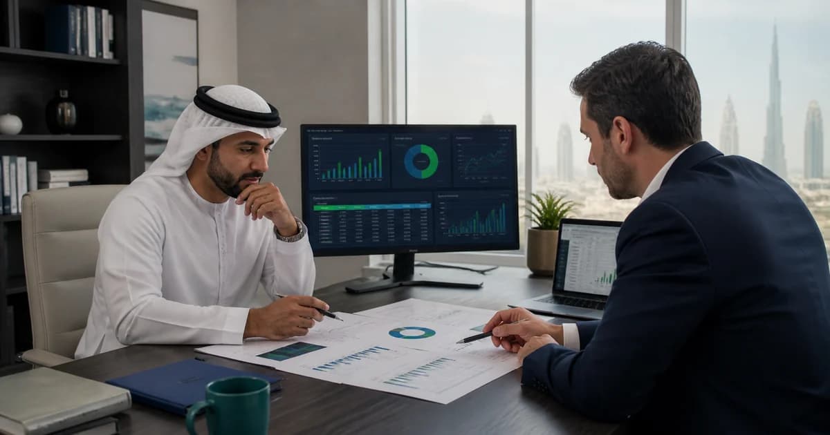 A founder and finance adviser reviewing integrated assumptions, scenarios and cash-flow outputs.