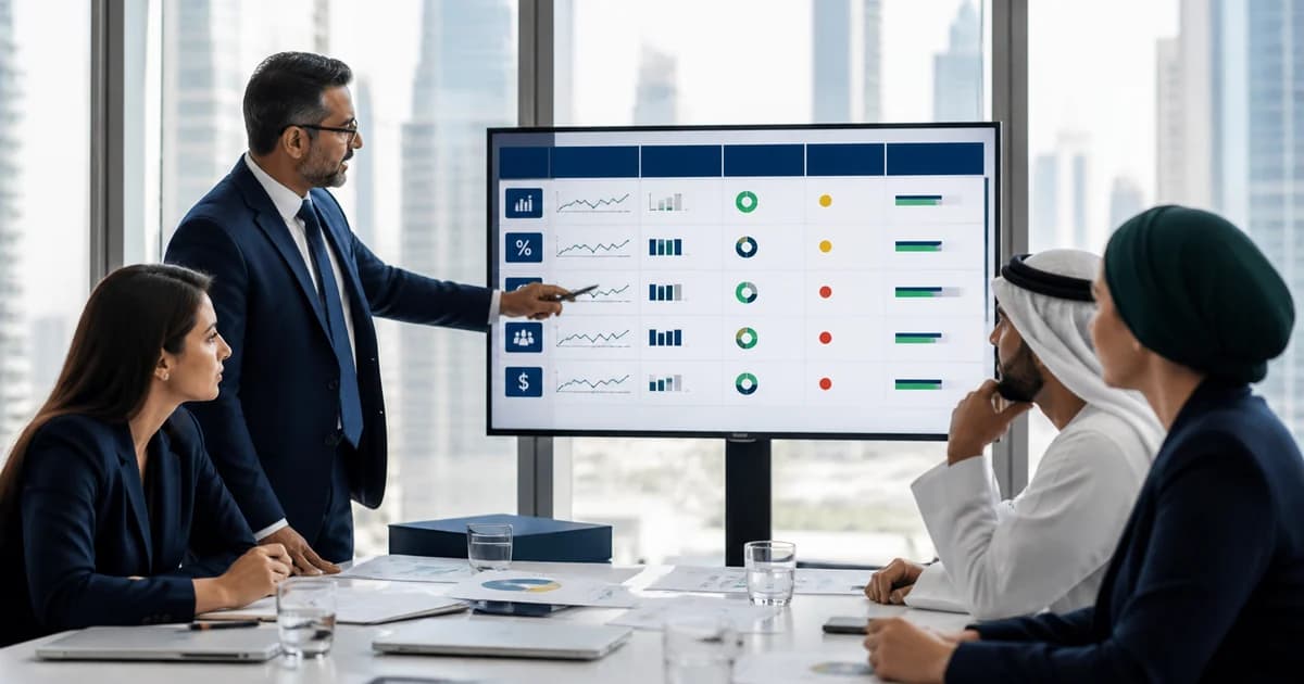 Management reviewing KPI owners, thresholds and actions on an operating dashboard.