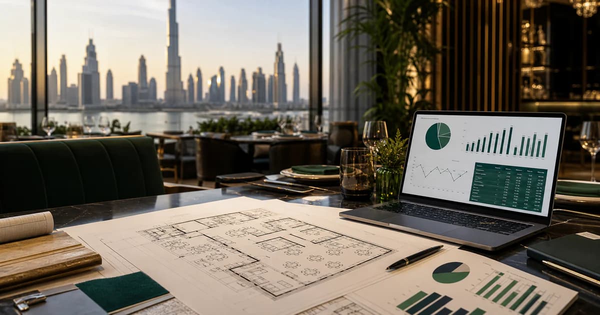 A restaurant team reviewing demand, capacity, costs and cash-flow assumptions for a UAE feasibility study.